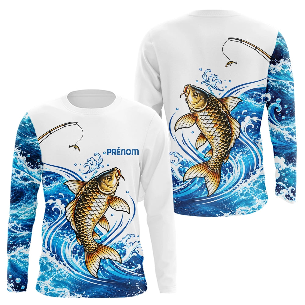 Polo Pêche Carpe Dorée Vagues Bleues Blanc - Long Sleeve Homme