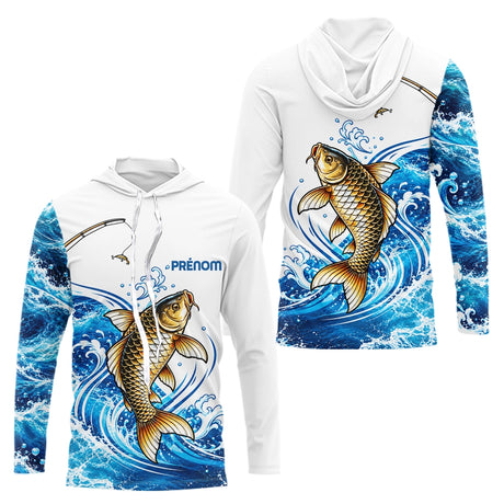 Polo Pêche Carpe Dorée Vagues Bleues Blanc - Long Sleeve Hoodie Homme
