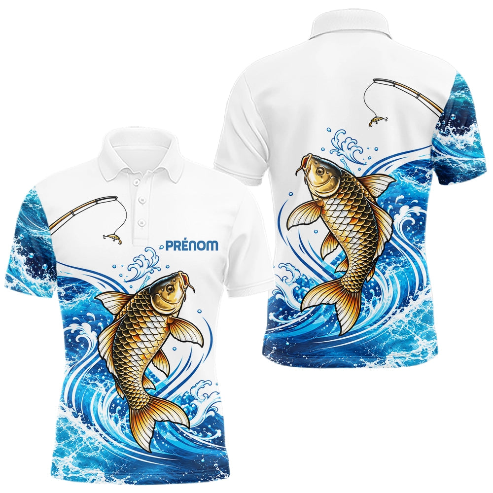 Polo Pêche Carpe Dorée Vagues Bleues Blanc - Polo Homme