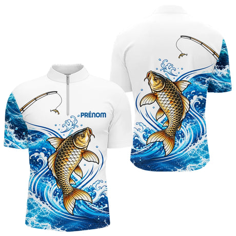 Polo Pêche Carpe Dorée Vagues Bleues Blanc - Polo Zippé Homme