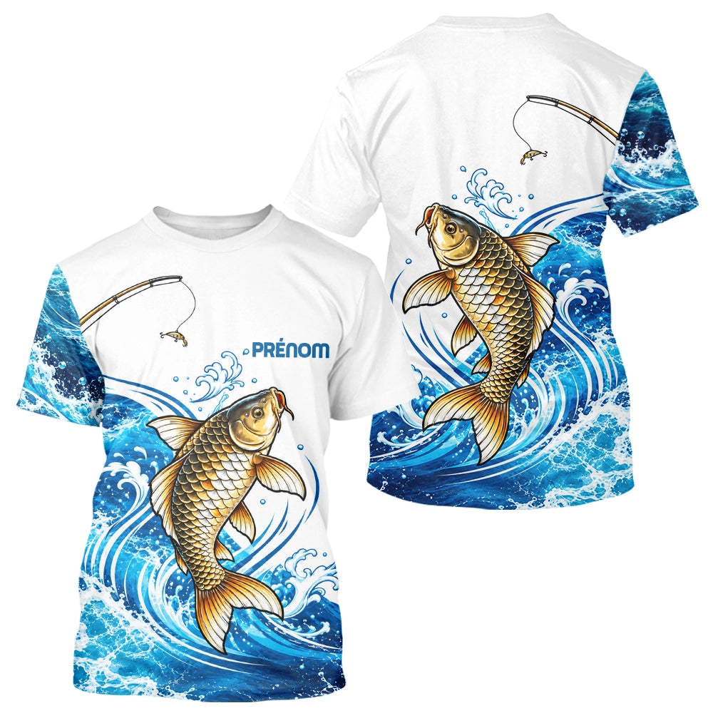 Polo Pêche Carpe Dorée Vagues Bleues Blanc - T-Shirt Homme