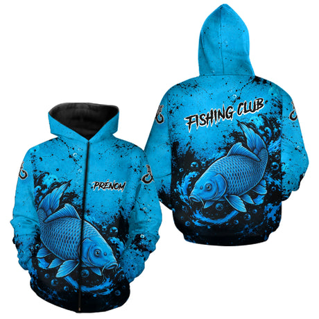 Polo Pêche Carpe Homme - Ocean Bleu Noir Personnalisable - Zippé Hoodie Homme