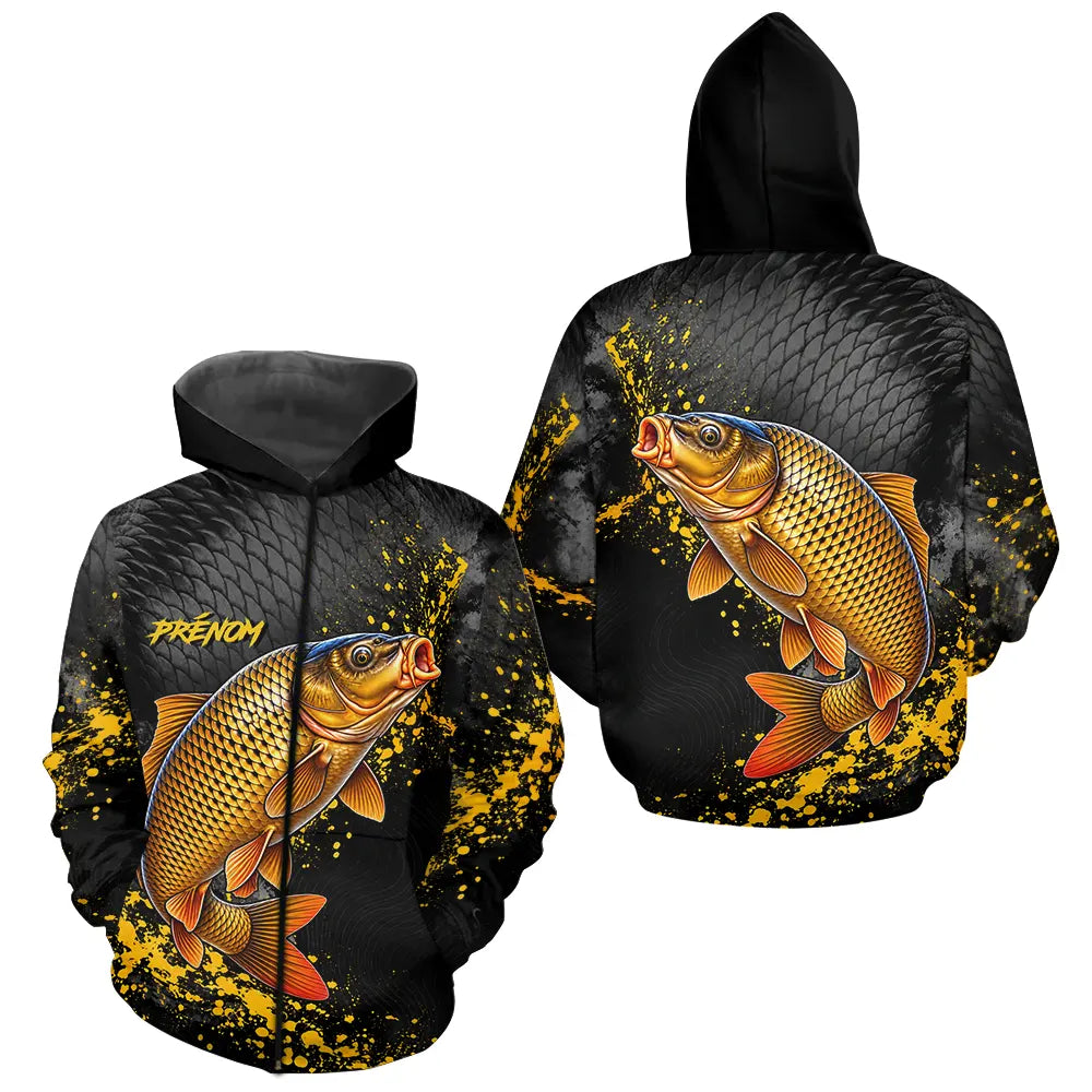 Polo Pêche Carpiste Homme - Personnalisé Noir & Or - Hoodie Zippé Homme