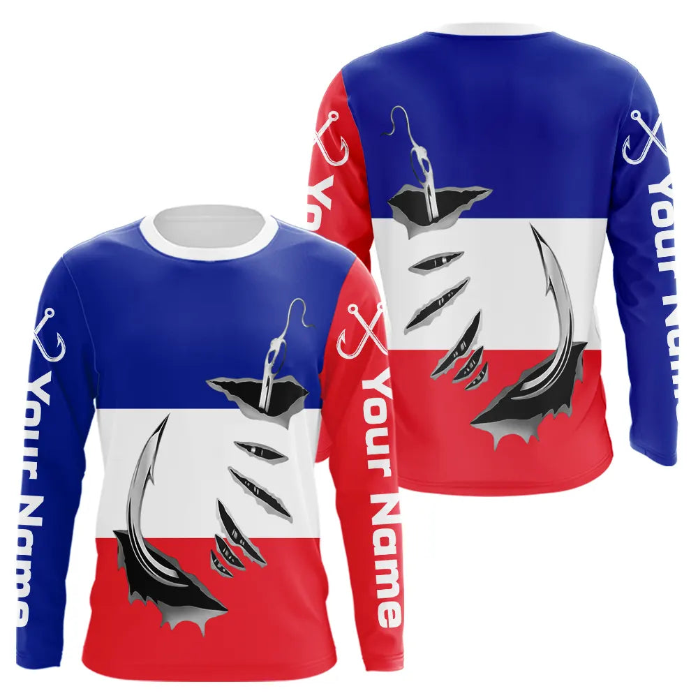 Polo Pêche Drapeau Français - Blanc Rouge Bleu Personnalisé - Long Sleeves Homme