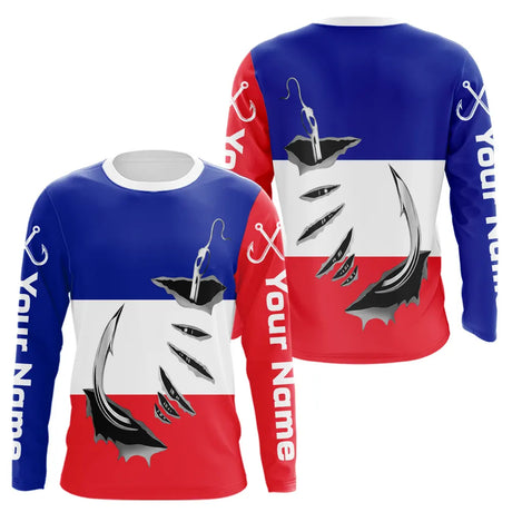 Polo Pêche Drapeau Français - Blanc Rouge Bleu Personnalisé - Long Sleeves Homme