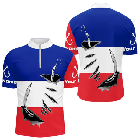 Polo Pêche Drapeau Français - Blanc Rouge Bleu Personnalisé - Polo Zippé Homme