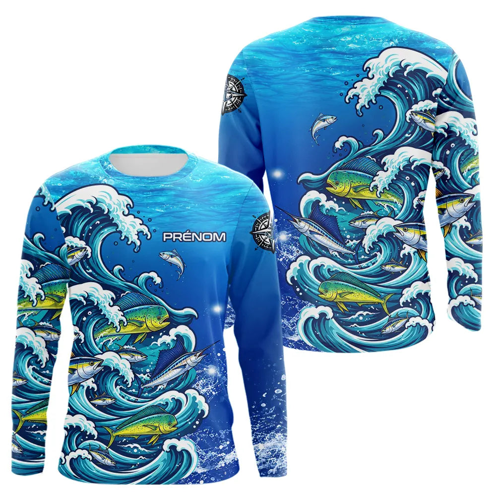 Polo Pêche En Mer Bleu - Vagues & Poissons Personnalisé - Long Sleeves Homme