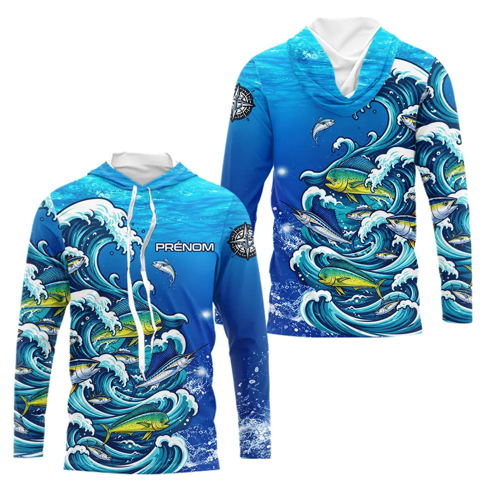 Polo Pêche En Mer Bleu - Vagues & Poissons Personnalisé - Long Sleeves Hoodie Homme