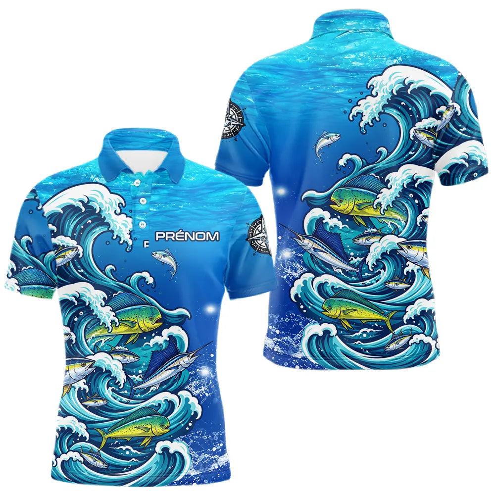 Polo Pêche En Mer Bleu - Vagues & Poissons Personnalisé - Polo Homme