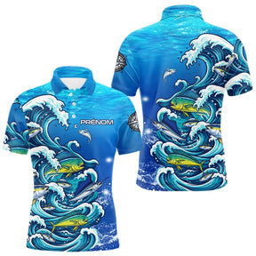 Polo Pêche En Mer Bleu - Vagues & Poissons Personnalisé - Polo Homme