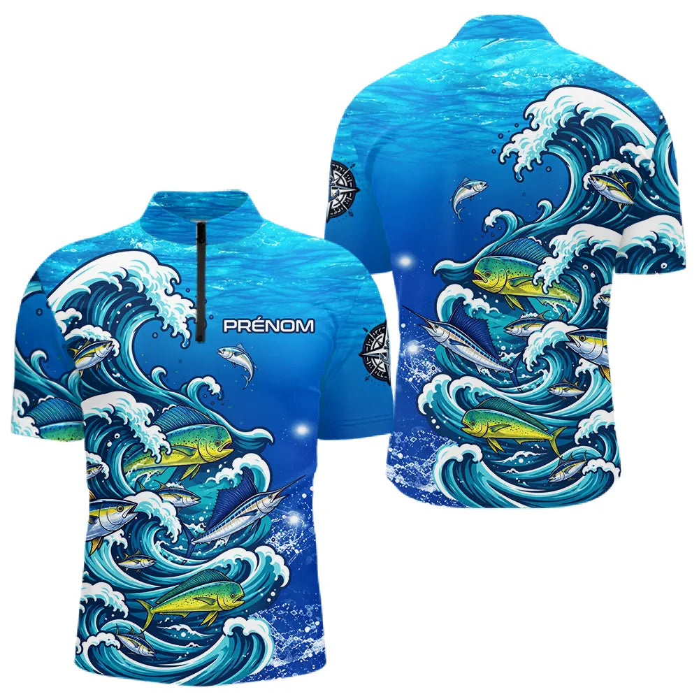 Polo Pêche En Mer Bleu - Vagues & Poissons Personnalisé - Polo Zippé Homme