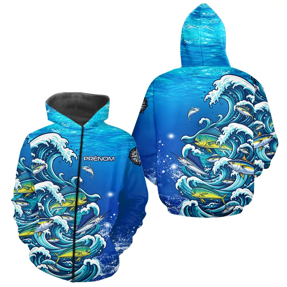 Polo Pêche En Mer Bleu - Vagues & Poissons Personnalisé - Zippé Hoodie Homme