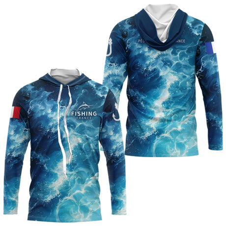 Polo Pêche Homme - Motif Océan & Drapeau Français - Long Sleeves Hoodie Homme