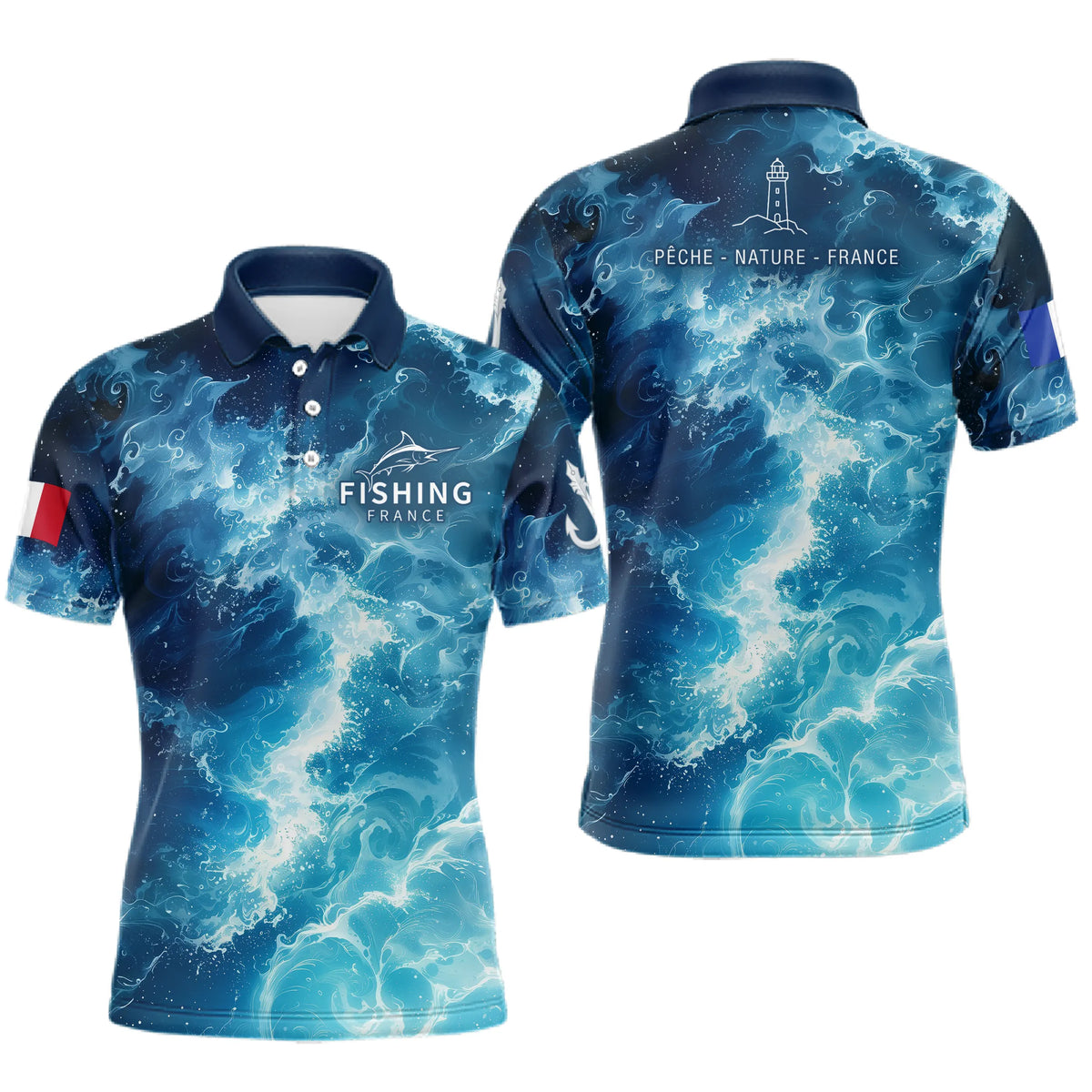 Polo Pêche Homme - Motif Océan & Drapeau Français - Polo Homme