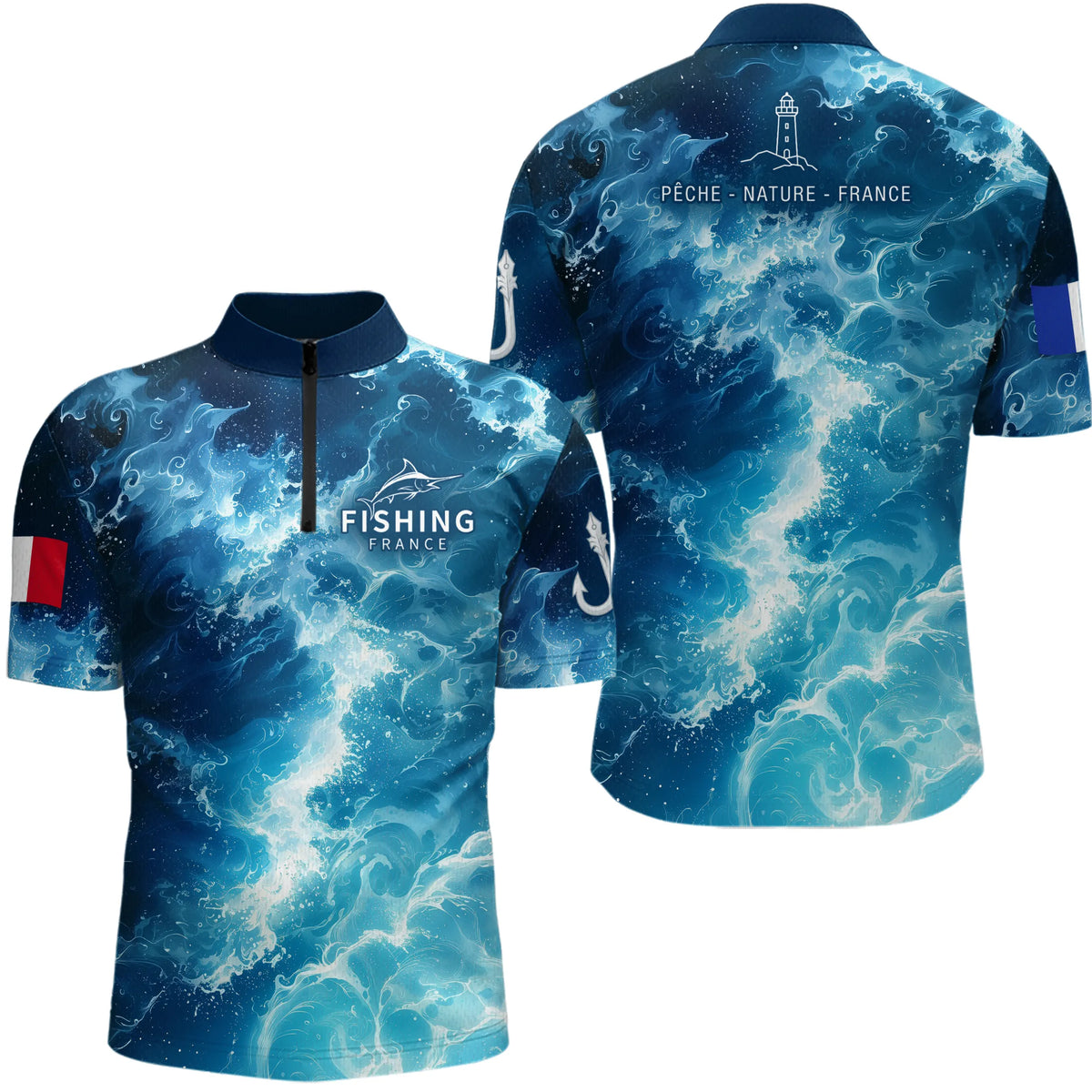 Polo Pêche Homme - Motif Océan & Drapeau Français - Polo Zippé Homme