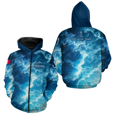 Polo Pêche Homme - Motif Océan & Drapeau Français - Zippé Hoodie Homme