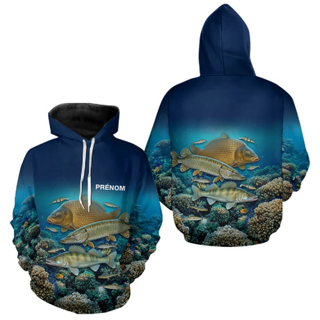 Polo Pêche Homme Personnalisé - Bleue 3D Carpe Brochet - Hoodie Homme
