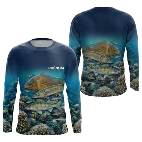 Polo Pêche Homme Personnalisé - Bleue 3D Carpe Brochet - Long Sleeves Homme