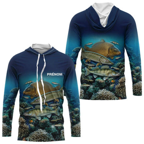 Polo Pêche Homme Personnalisé - Bleue 3D Carpe Brochet - Long Sleeves Hoodie Homme