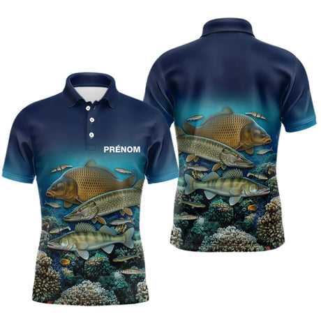 Polo Pêche Homme Personnalisé - Bleue 3D Carpe Brochet - Polo Homme