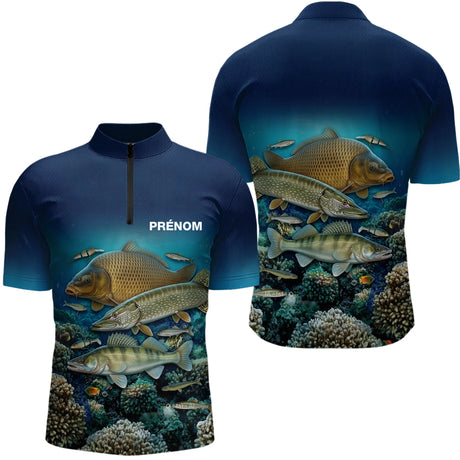 Polo Pêche Homme Personnalisé - Bleue 3D Carpe Brochet - Polo Zippé Homme
