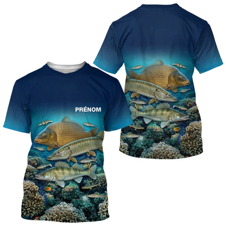 Polo Pêche Homme Personnalisé - Bleue 3D Carpe Brochet - T-Shirt Homme