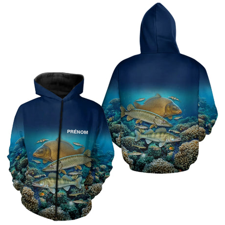 Polo Pêche Homme Personnalisé - Bleue 3D Carpe Brochet - Zippé Hoodie Homme