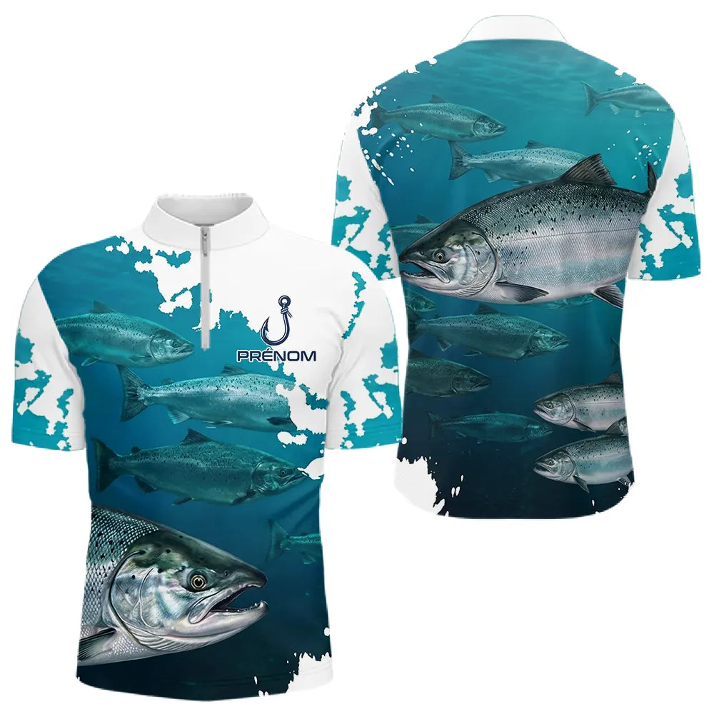 Polo Pêche Homme Personnalisé - Saumon Bleu Passionné - Polo Zippé Homme