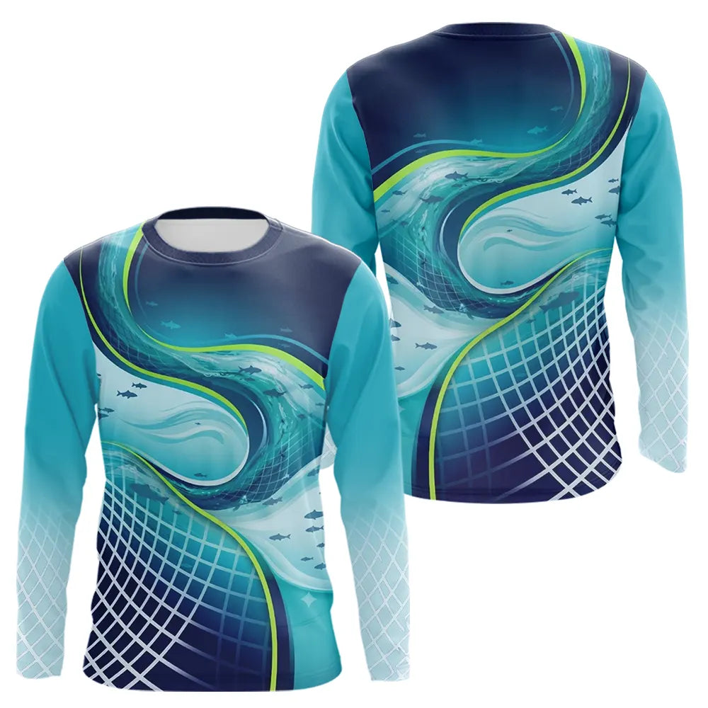 Polo Pêche Homme Respirant Bleu & Turquoise 3D - Long Sleeves Homme