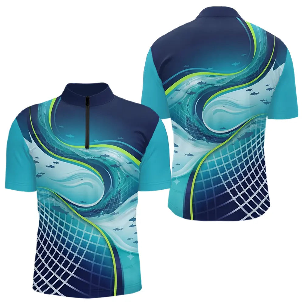 Polo Pêche Homme Respirant Bleu & Turquoise 3D - Polo Zippé Homme