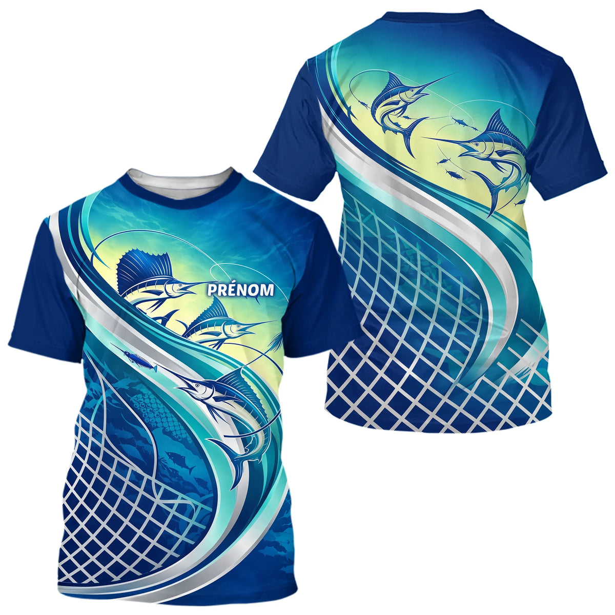 Polo Pêche Marlin Bleu Océan - Personnalisé Avec Prénom - T-Shirt Homme