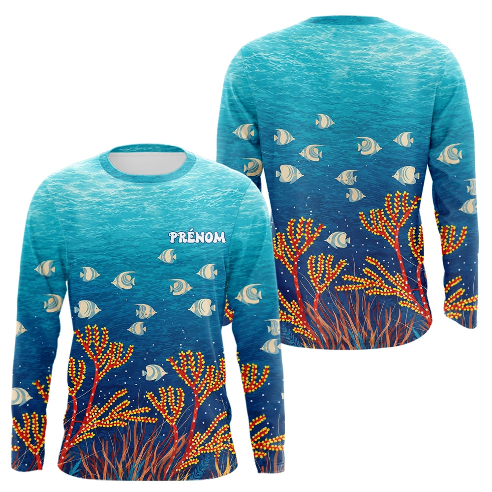 Polo Pêche Mer Personnalisé Corail Bleu - Motif Océan - Long Sleeves Homme
