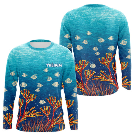 Polo Pêche Mer Personnalisé Corail Bleu - Motif Océan - Long Sleeves Homme