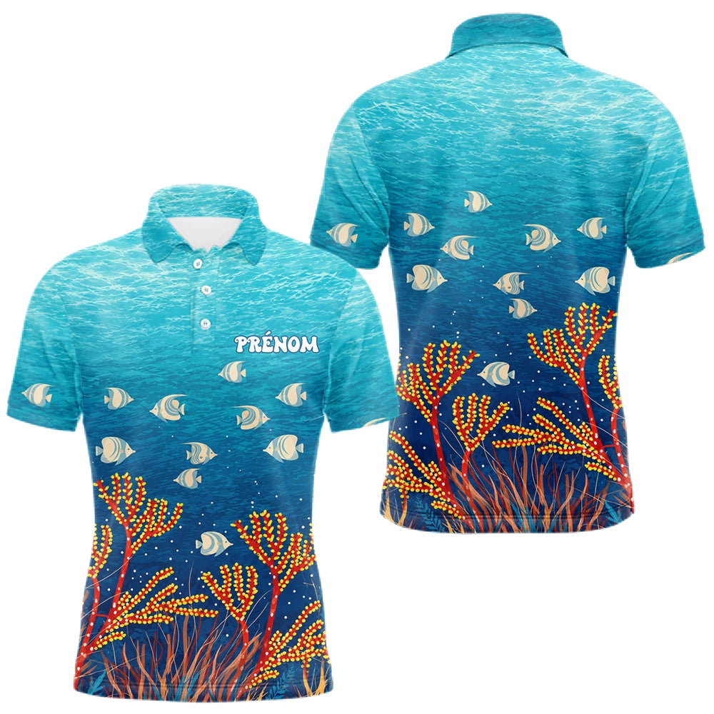 Polo Pêche Mer Personnalisé Corail Bleu - Motif Océan - Polo Homme