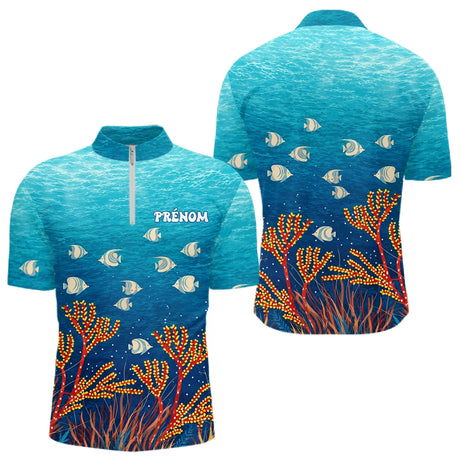 Polo Pêche Mer Personnalisé Corail Bleu - Motif Océan - Polo Zippé Homme