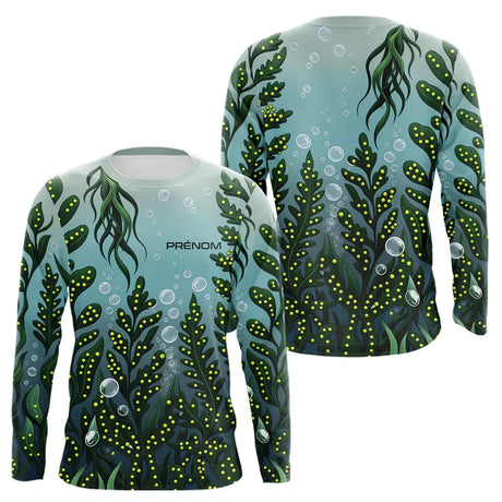 Polo Pêche Motif Algues & Bulles Personnalisé - Bleu Et Vert - Long Sleeve Homme