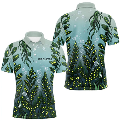 Polo Pêche Motif Algues & Bulles Personnalisé - Bleu Et Vert - Polo Homme