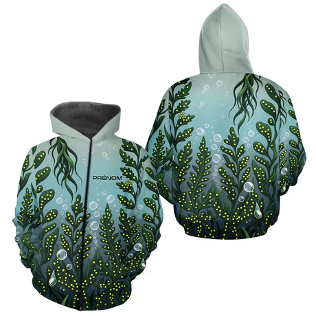 Polo Pêche Motif Algues & Bulles Personnalisé - Bleu Et Vert - Zippé Hoodie Homme