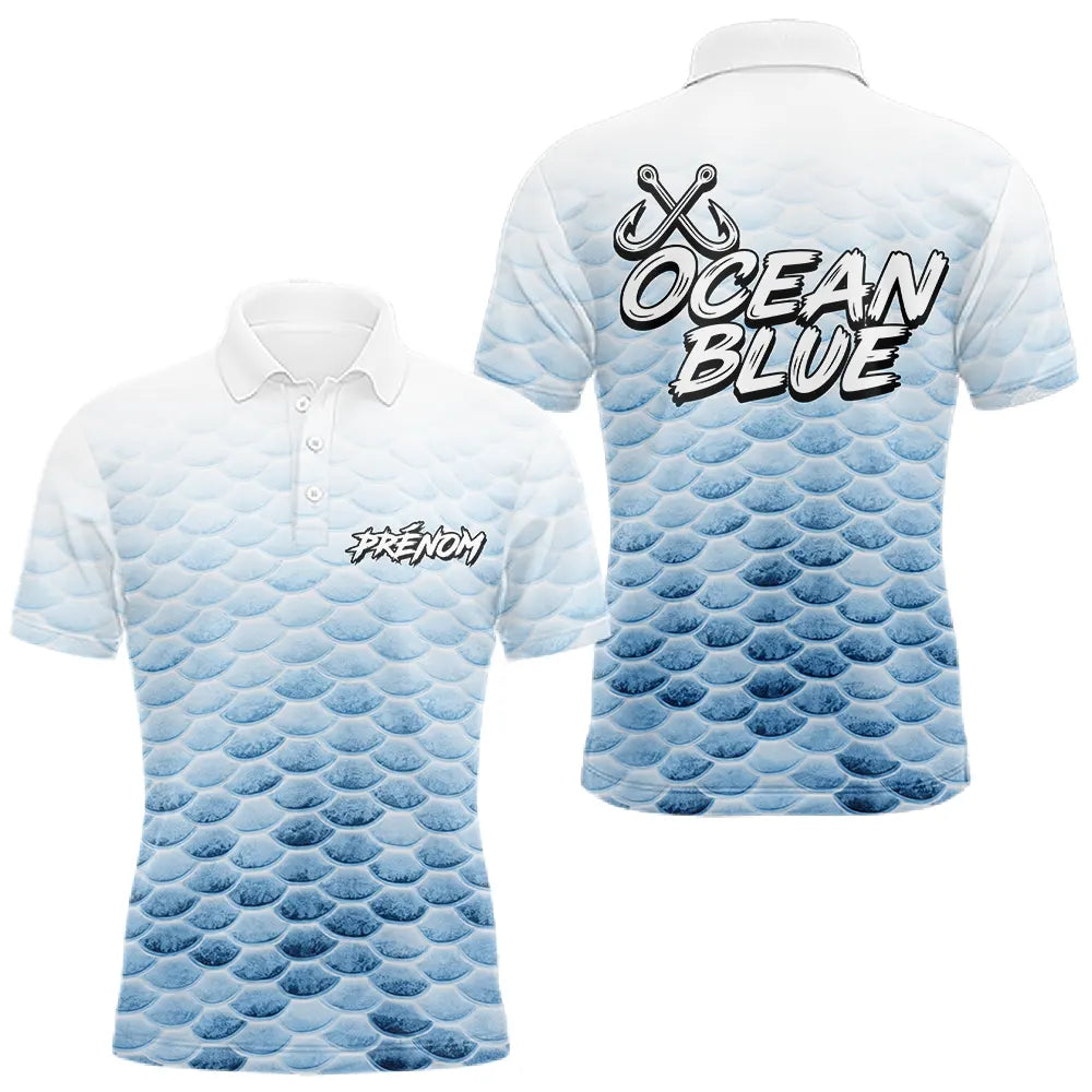 Polo Pêche Personnalisé - Bleu Océan Et Blanc - Long Sleeves Homme