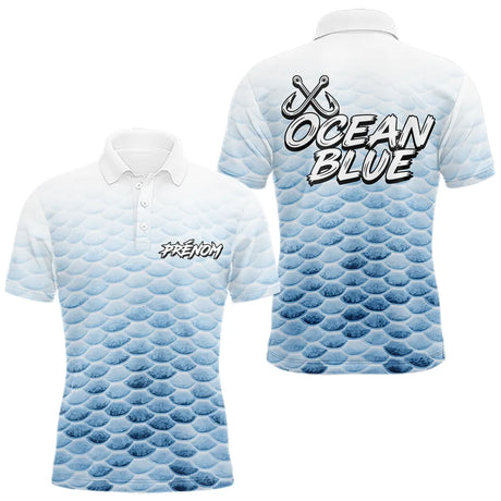 Polo Pêche Personnalisé - Bleu Océan Et Blanc - Long Sleeves Homme