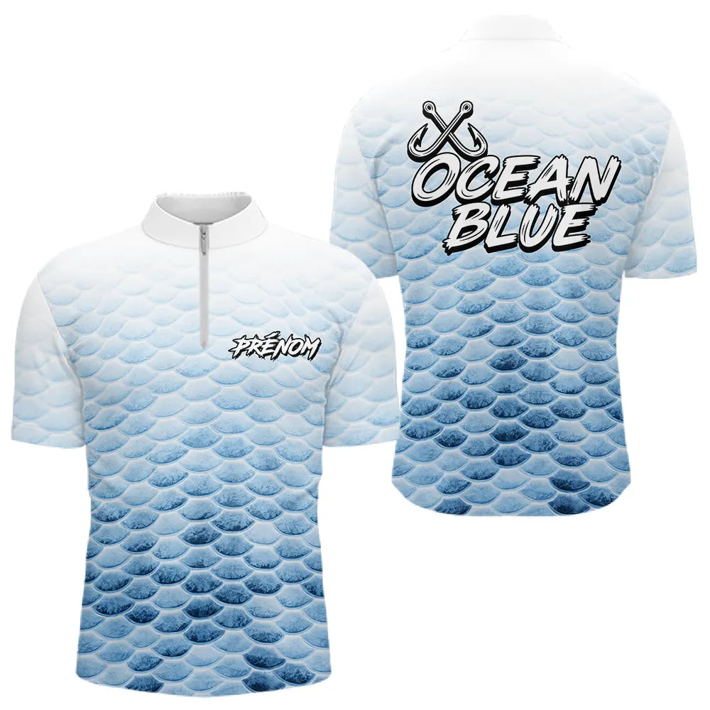Polo Pêche Personnalisé - Bleu Océan Et Blanc - Polo Zippé Homme