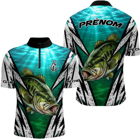 Polo Pêche Personnalisé Black Bass - Carnassier Turquoise Homme - Polo Zippé Homme