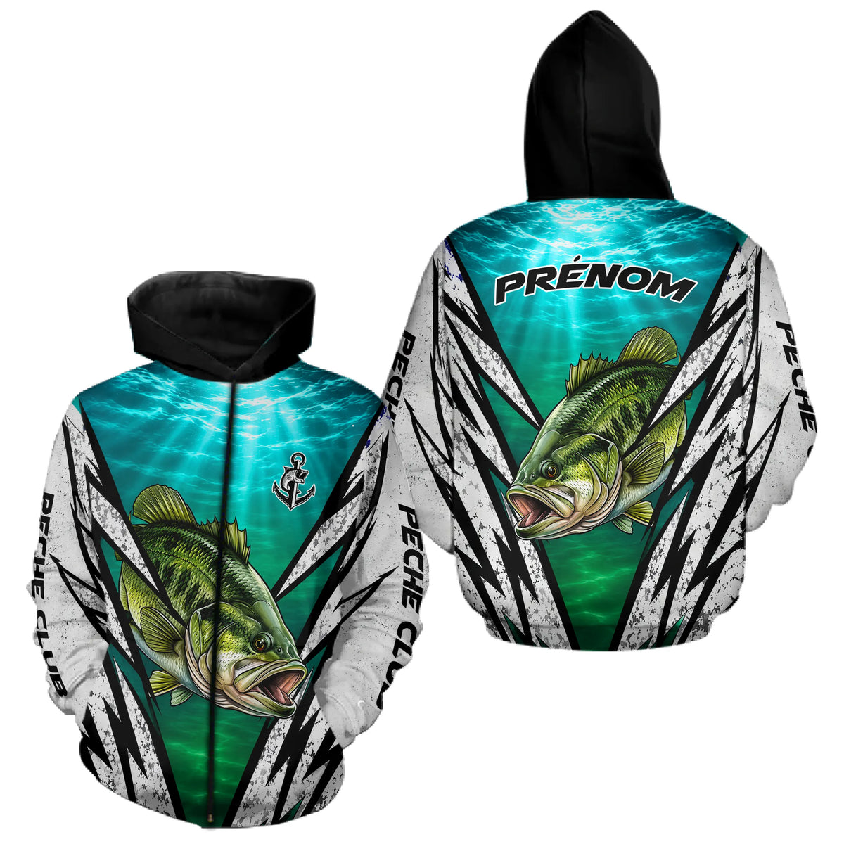 Polo Pêche Personnalisé Black Bass - Carnassier Turquoise Homme - Zippé Hoodie Homme