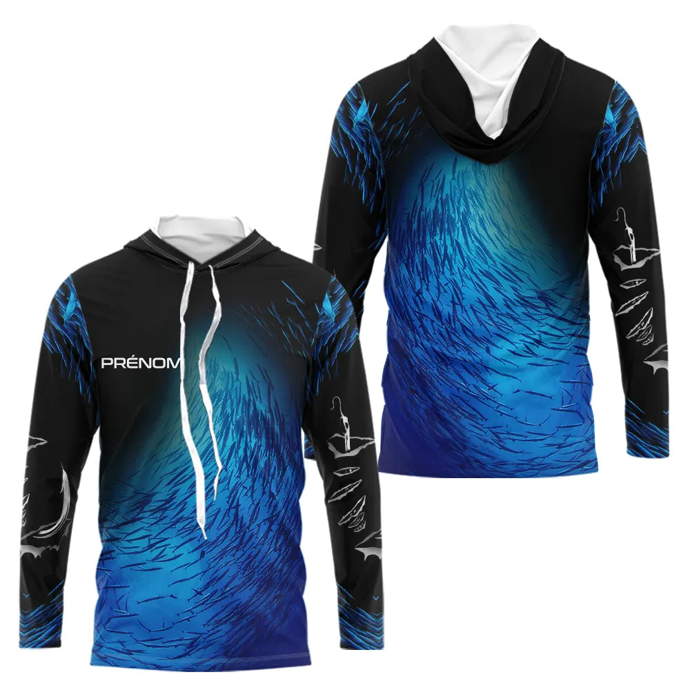 Polo Pêche Personnalisé Bleu Océan - Motif Banc Poissons - Long Sleeves Hoodie Homme