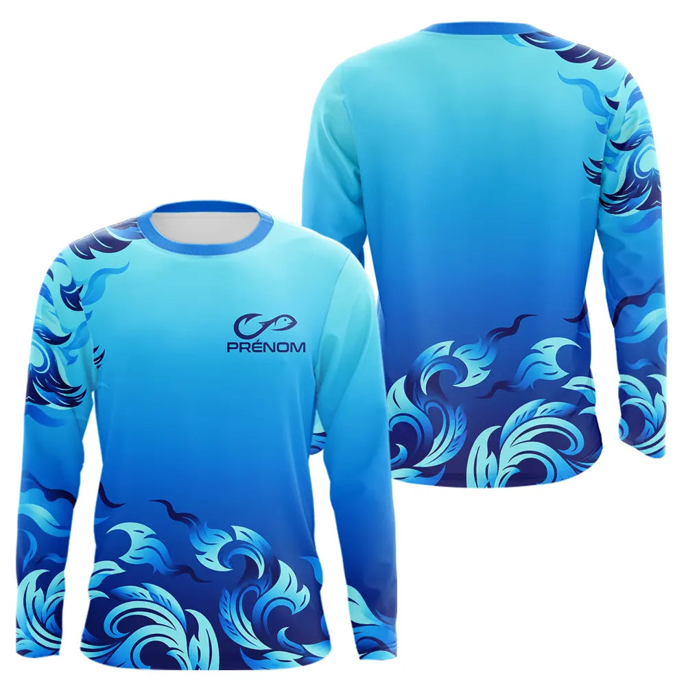 Polo Pêche Personnalisé Bleu Vague - Prénom - Long Sleeves Homme