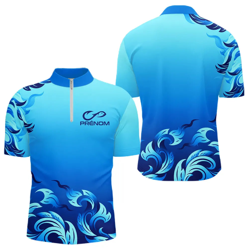 Polo Pêche Personnalisé Bleu Vague - Prénom - Polo Zippe Homme