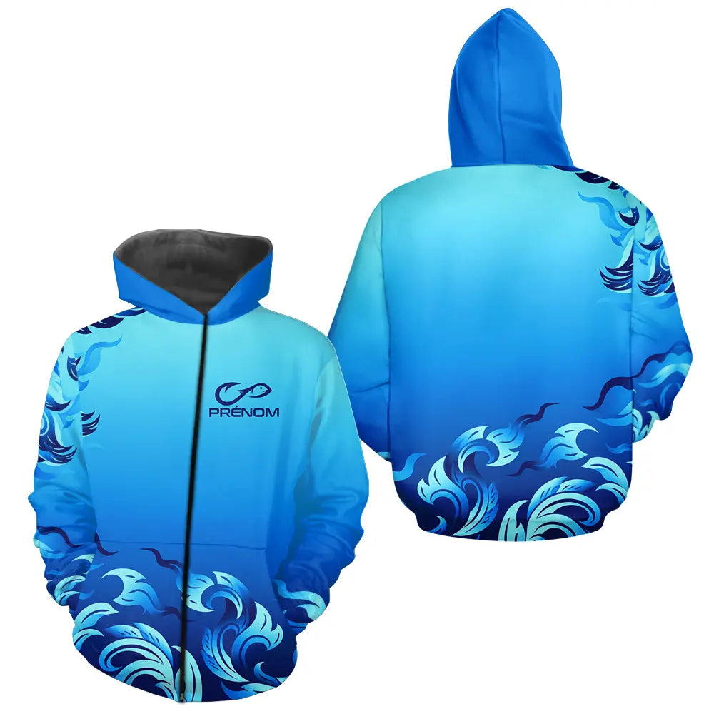 Polo Pêche Personnalisé Bleu Vague - Prénom - Zippe Hoodie Homme