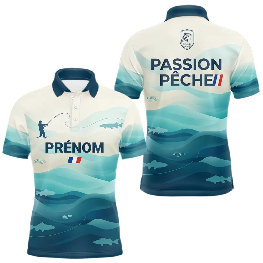 Polo Pêche Personnalisé Prénom - Design Vagues Bleu Homme - Polo Homme