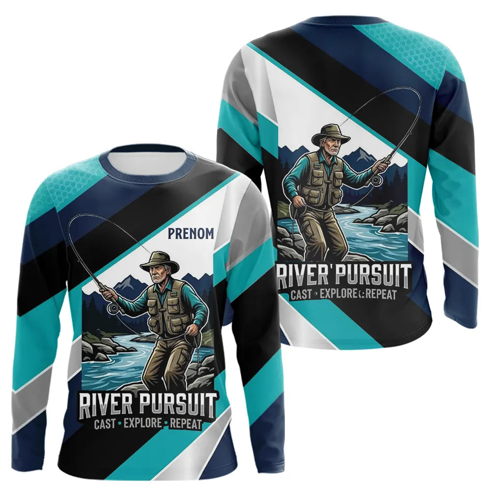 Polo Pêche Personnalisé River Pursuit - Bleu Turquoise & Marine - Long Sleeves Homme