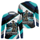 Polo Pêche Personnalisé River Pursuit - Bleu Turquoise & Marine - Long Sleeves Homme